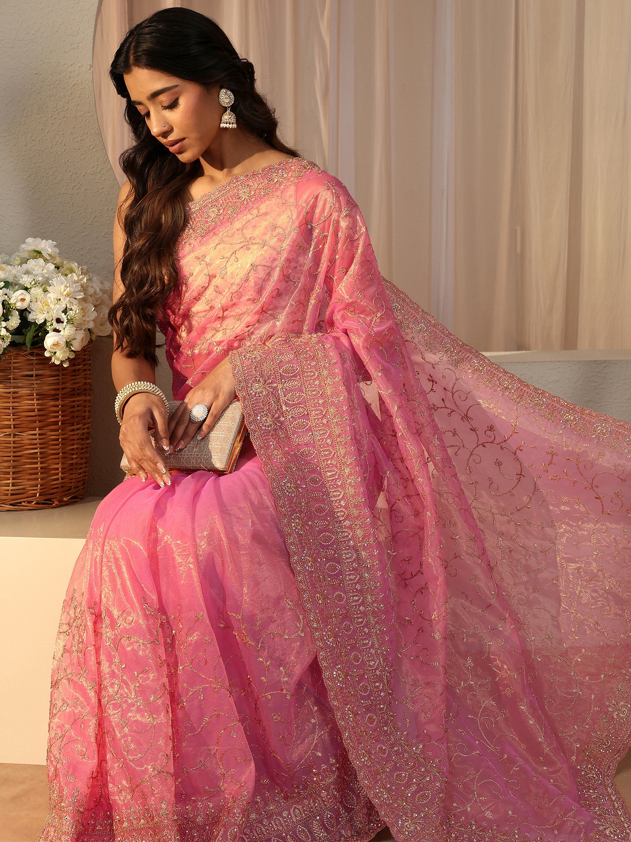 libas Pink Floral Embroidered Glossy Net Saree-picture-10