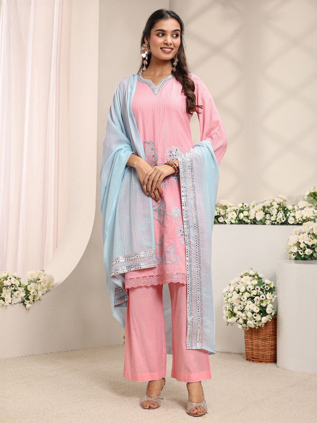  Pink Floral Embroidered Mirror Work Cotton Straight Suit Set with Dupatta 
