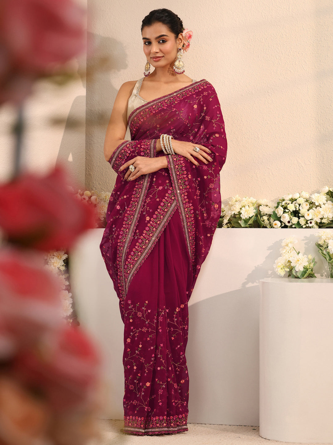 Pink Floral Embroidered Net Saree With Unstitched Blouse Piece