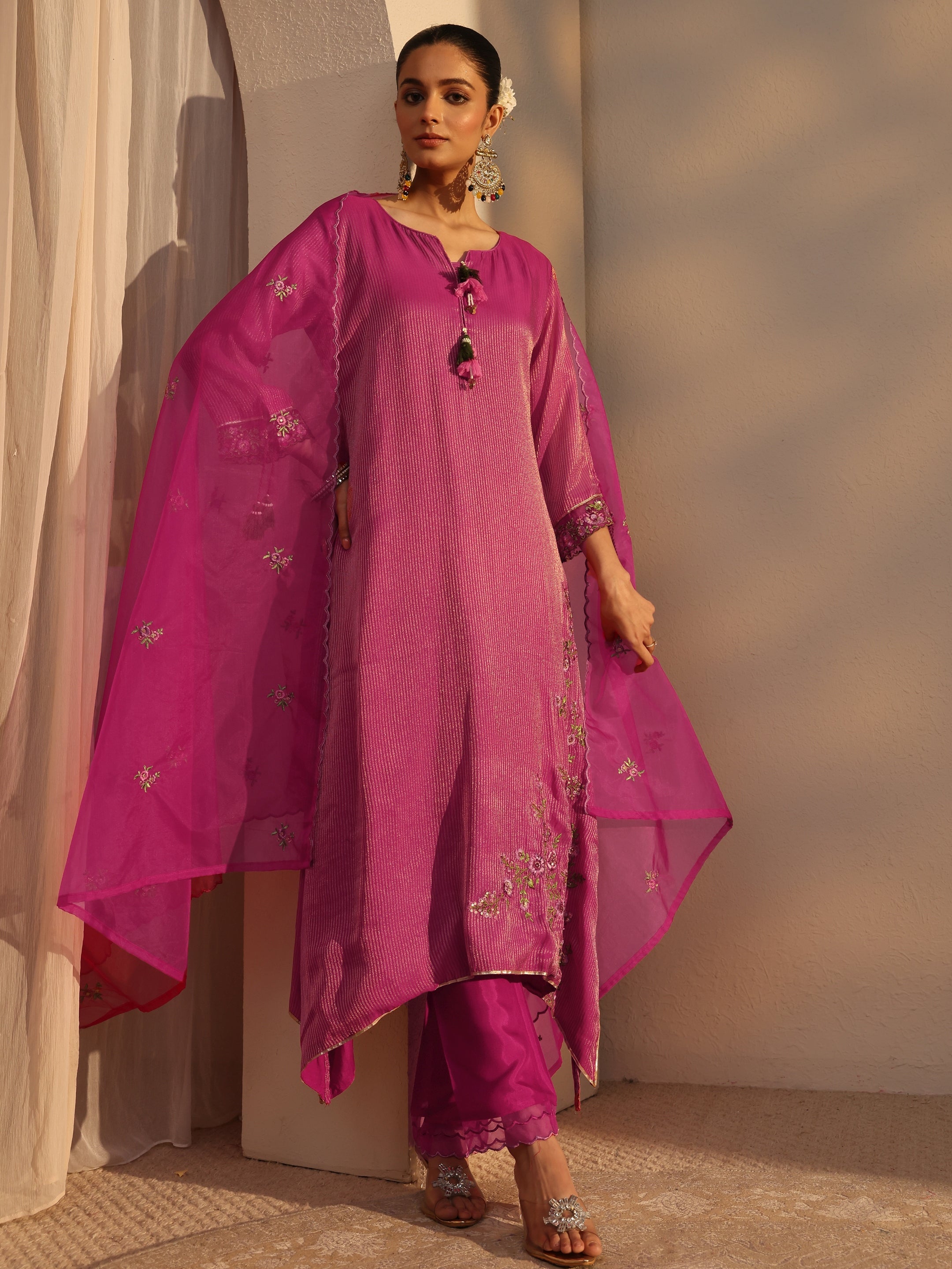 libas Pink Floral Embroidered Organza A-Line Suits Set With Dupatta-picture-30