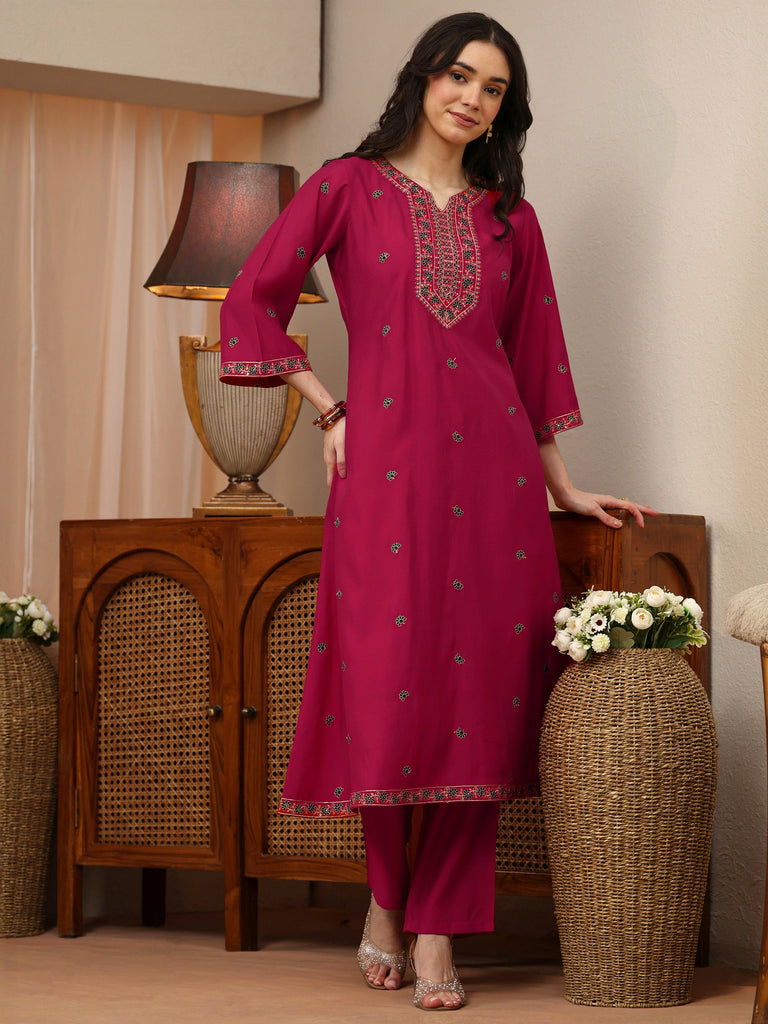 Libas Pink Floral Embroidered Silk Blend A-Line Kurta Set