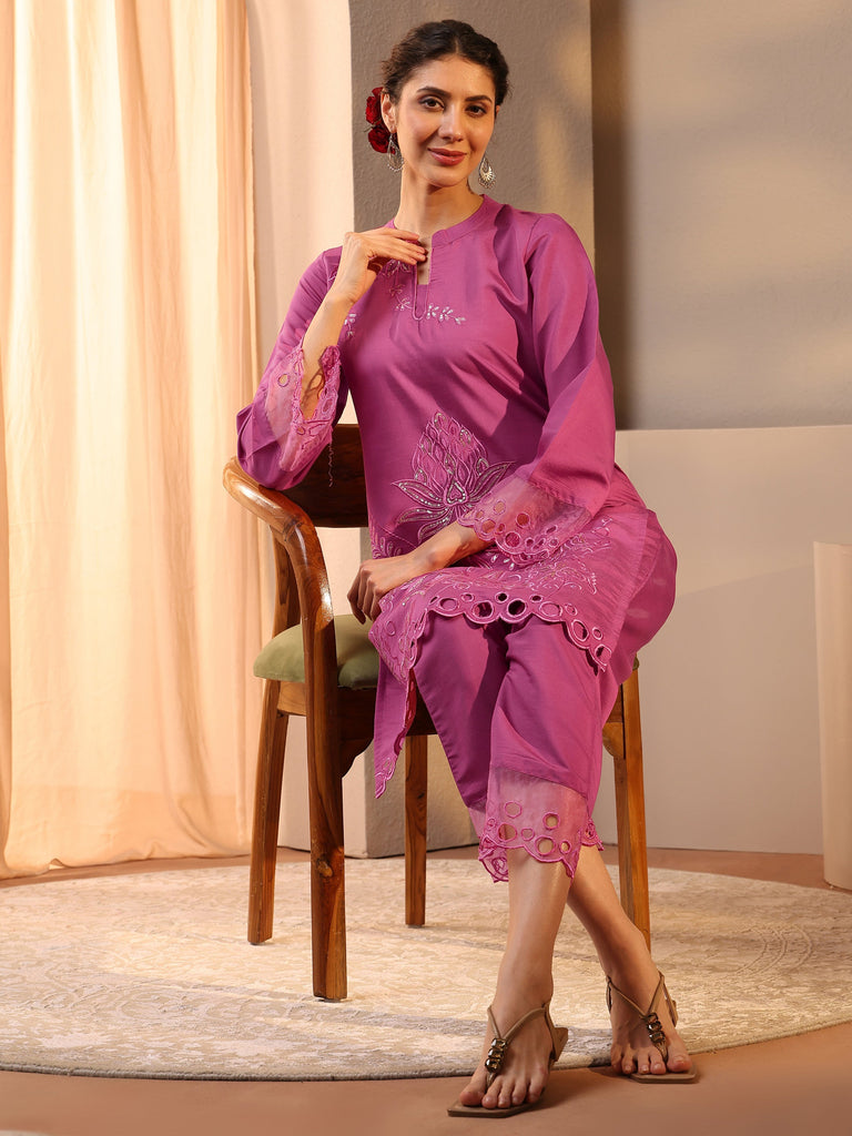 Libas Pink Floral Embroidered Silk Blend Co-Ord Set