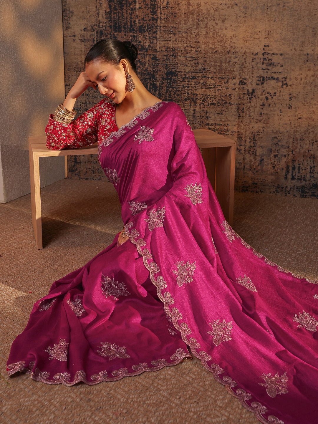  Pink Floral Embroidered Silk Blend Saree With Unstitched Blouse Piece 