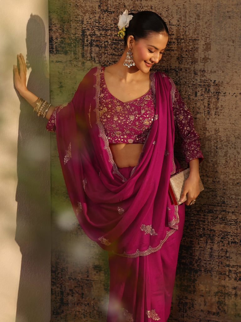 Libas Pink Floral Embroidered Silk Blend Saree With Unstitched Blouse Piece