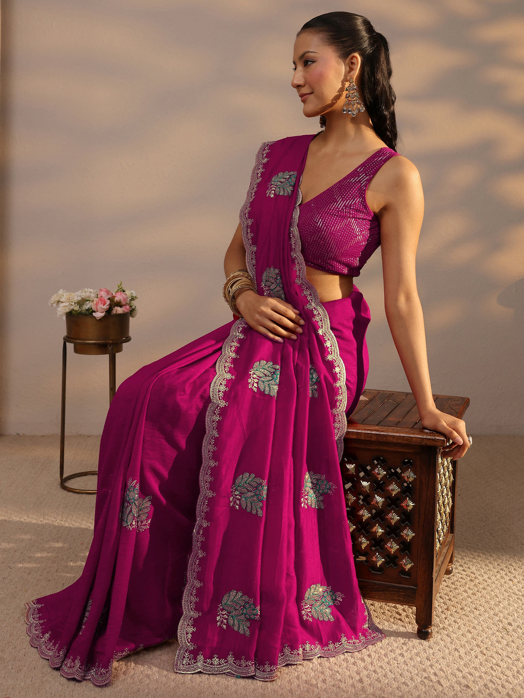  Pink Floral Embroidered Silk Blend Saree With Unstitched Blouse Piece 