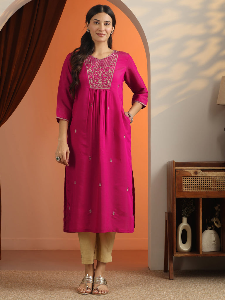 Libas Pink Floral Embroidered Silk Blend Straight Kurta