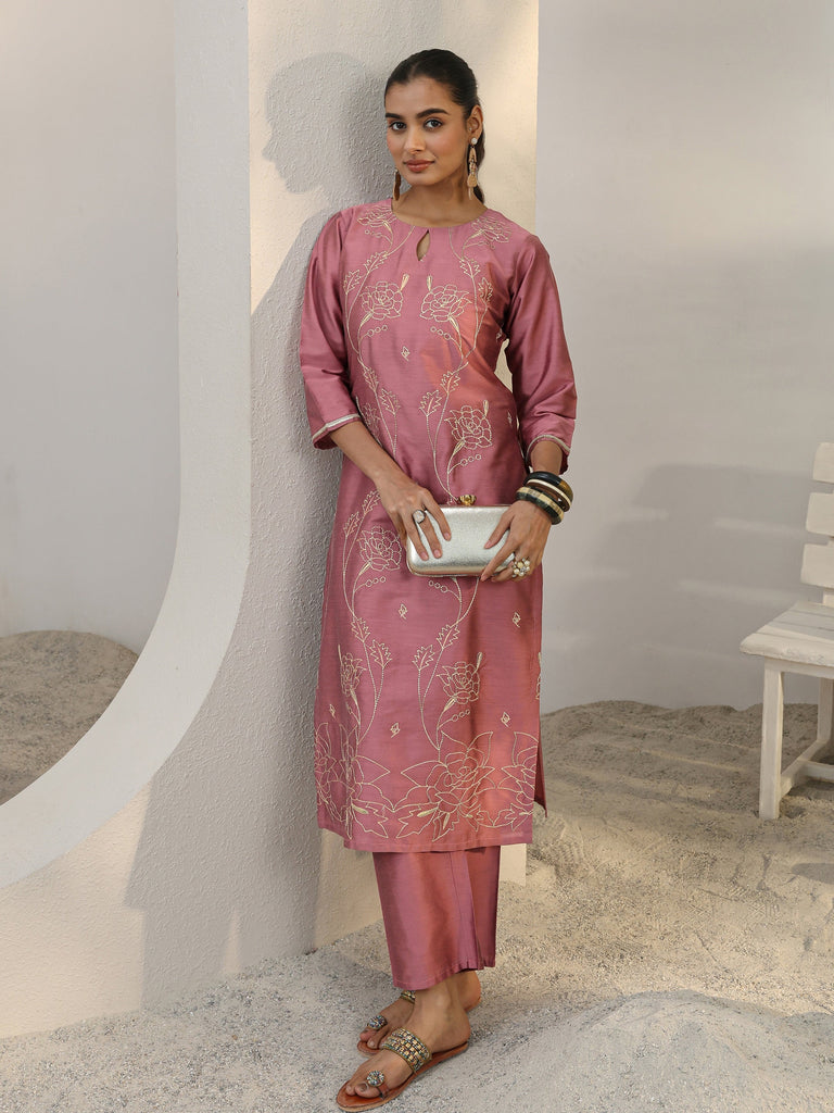Libas Pink Floral Embroidered Silk Blend Straight Kurta Set