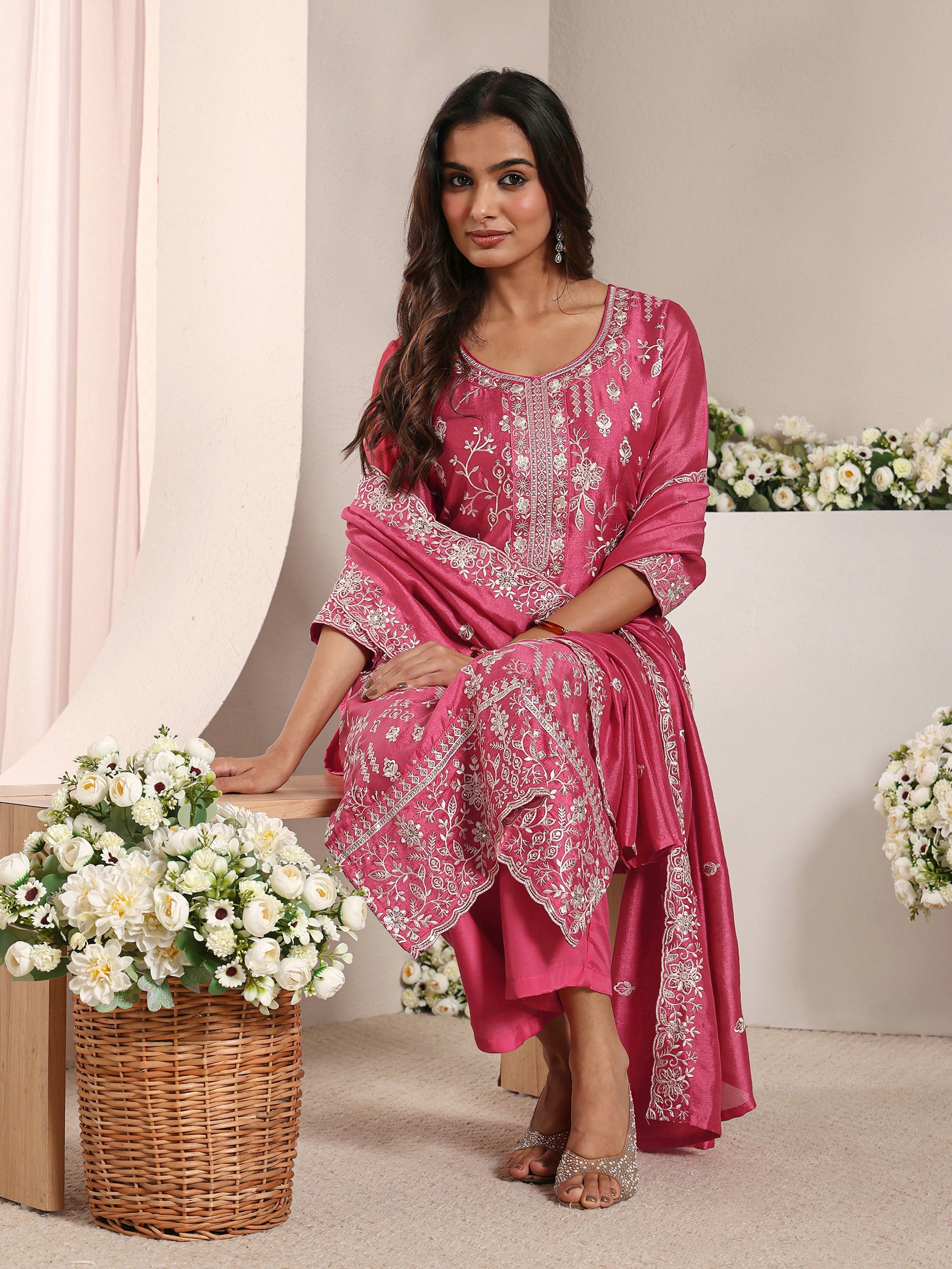 Libas Pink Floral Embroidered Silk Blend Straight Suit Set With Dupatta-image-33