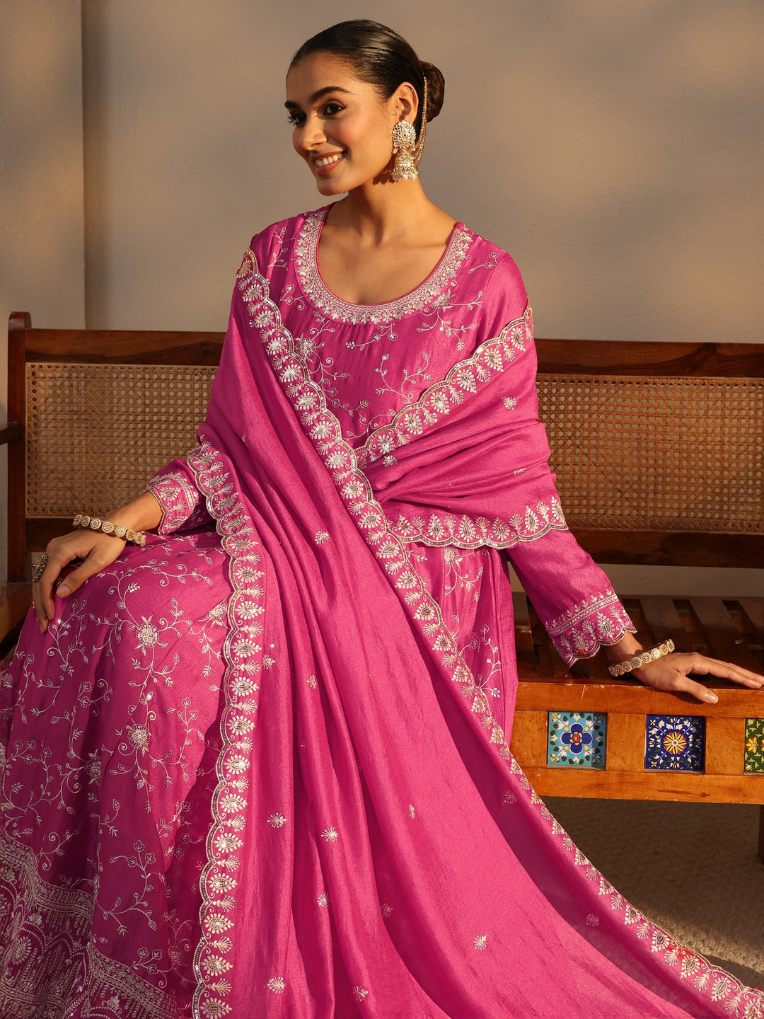 Pink Floral Embroidered Silk Blend Straight Suit Set With Dupatta