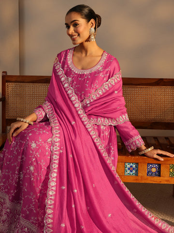 Libas Pink Floral Embroidered Silk Blend Straight Suit Set With Dupatta