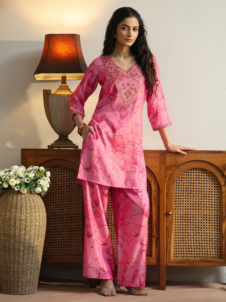 Libas Pink Floral Print Silk Blend Co-Ord Set