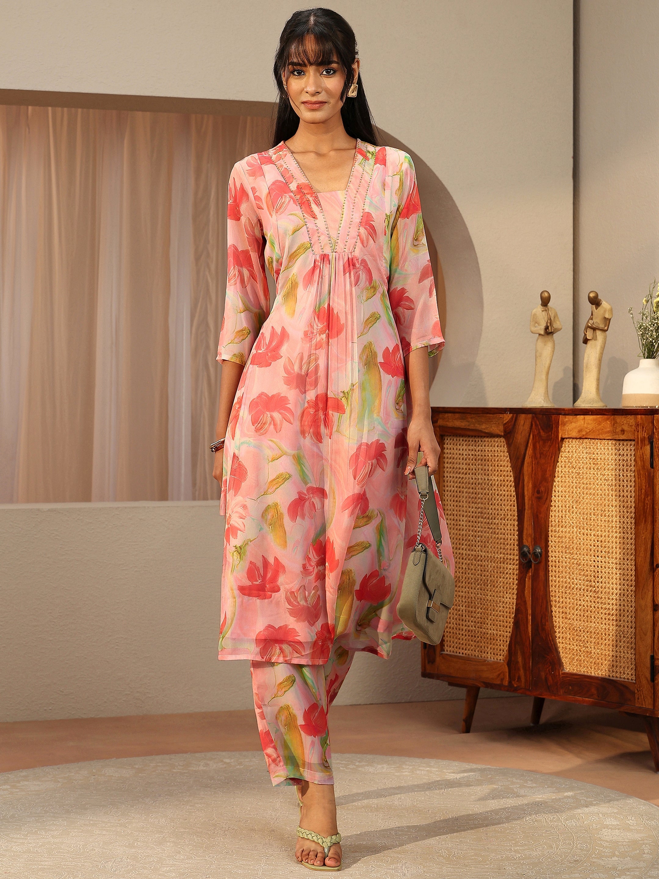 Pink Floral Printed Chiffon A-Line Kurta Set-image-29