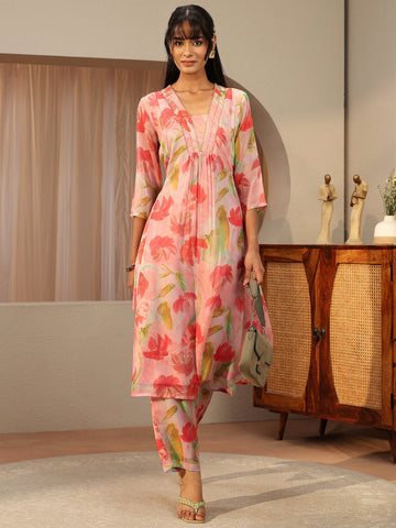 Pink Floral Printed Chiffon A-Line Kurta Set