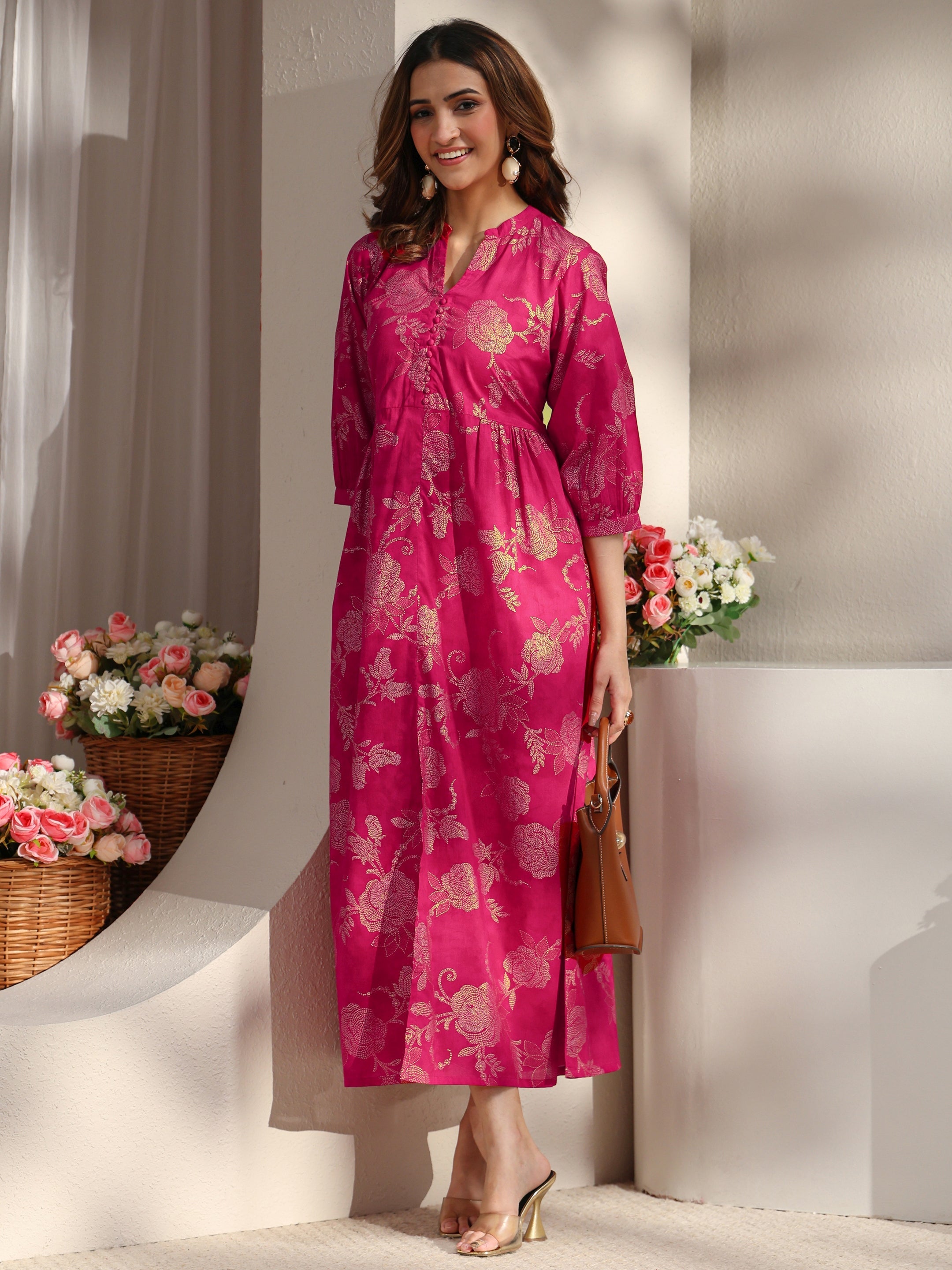 Libas Pink Floral Printed Cotton A-Line One Piece Dress-picture-48