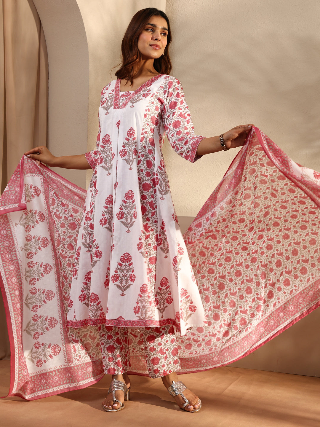 Pink Floral Printed Cotton A-Line Suit Set With Dupatta