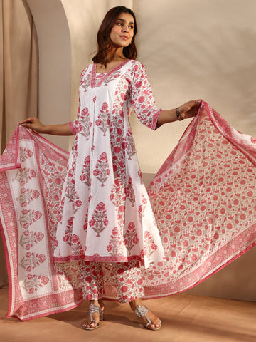 Pink Floral Printed Cotton A-Line Suit Set With Dupatta