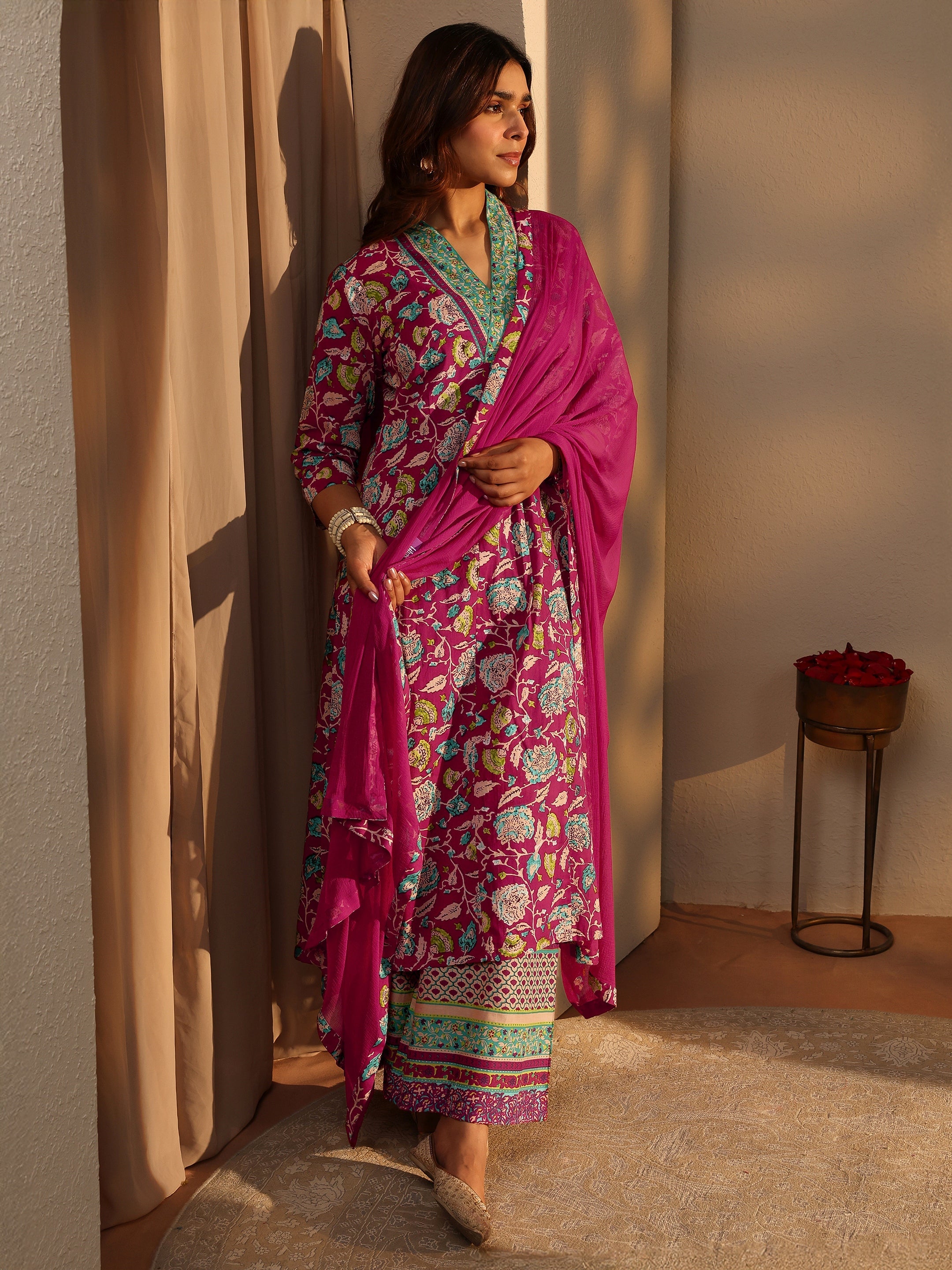 libas Pink Floral Printed Cotton A-Line Suit Set With Dupatta-picture-23