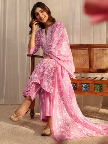 Gerua Pink Floral Printed Cotton Blend A-Line Suit Set With Dupatta