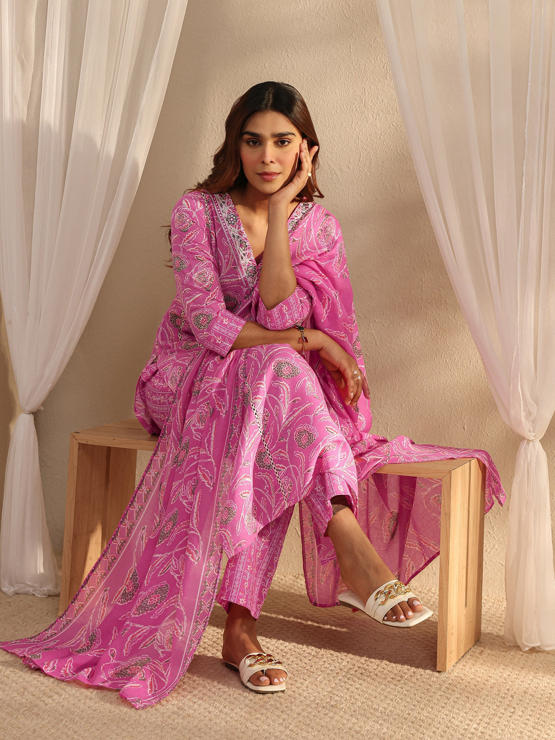 Pink Floral Printed Cotton A-Line Suit Set With Dupatta