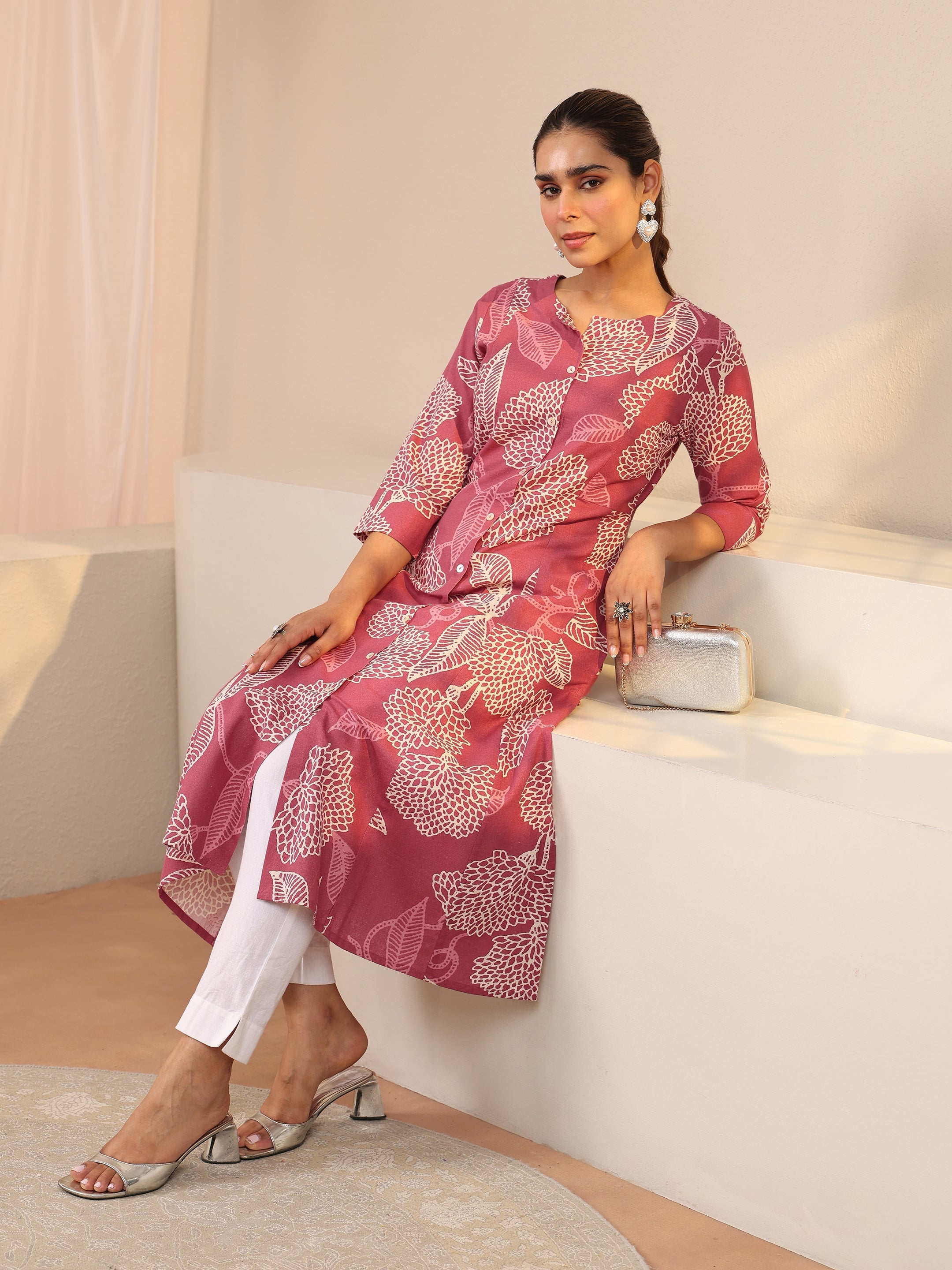 libas Pink Floral Printed Cotton Blend A-Line Shirt Style Kurta-picture-28