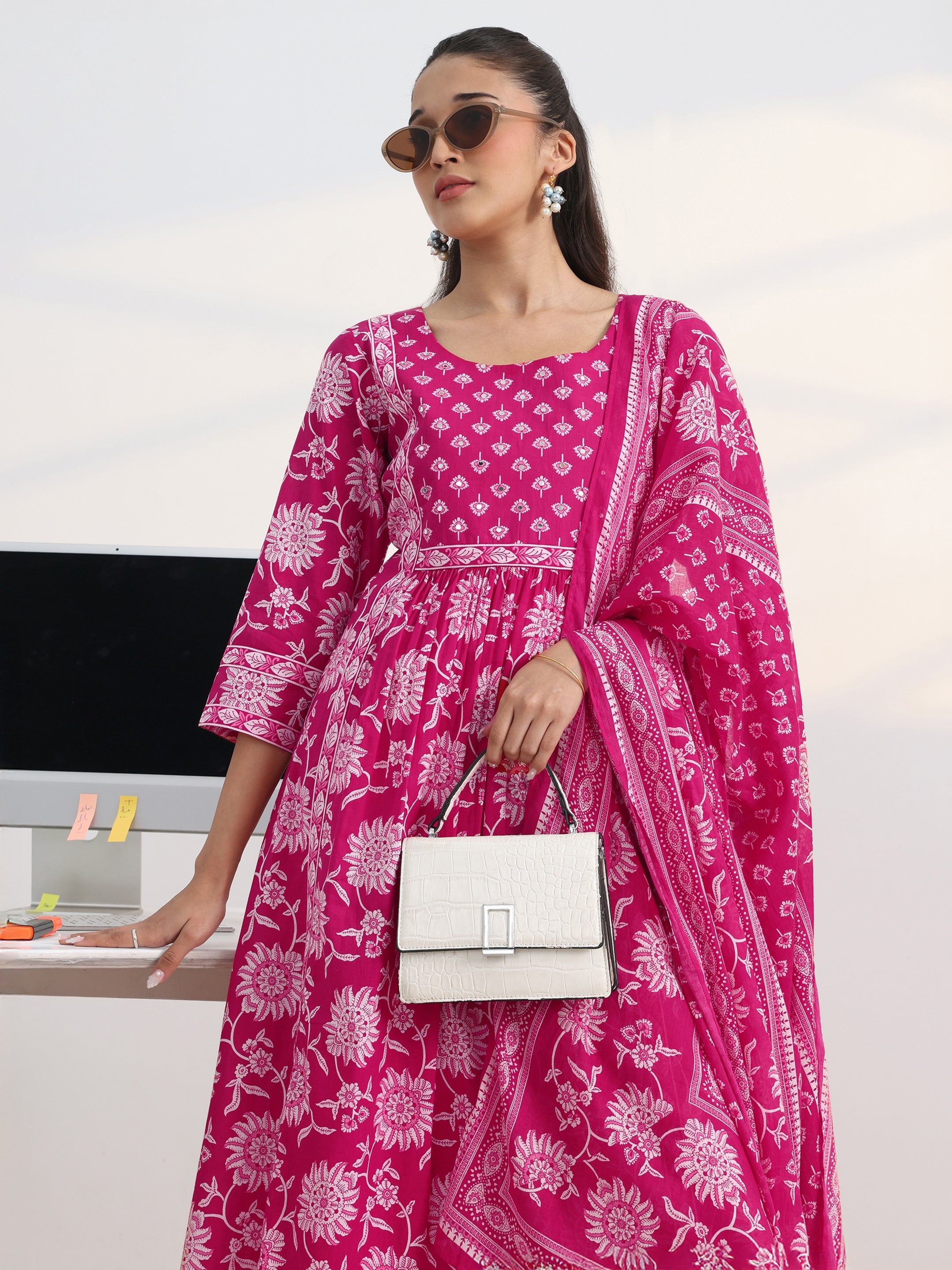 libas Gerua Pink Floral Printed Cotton Blend A-Line Suit Set With Dupatta-picture-40