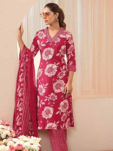 Pink Floral Printed Cotton Blend Straight Suit Set
