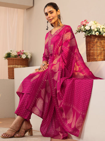 Gerua Pink Floral Printed Cotton Blend Straight Suit Set