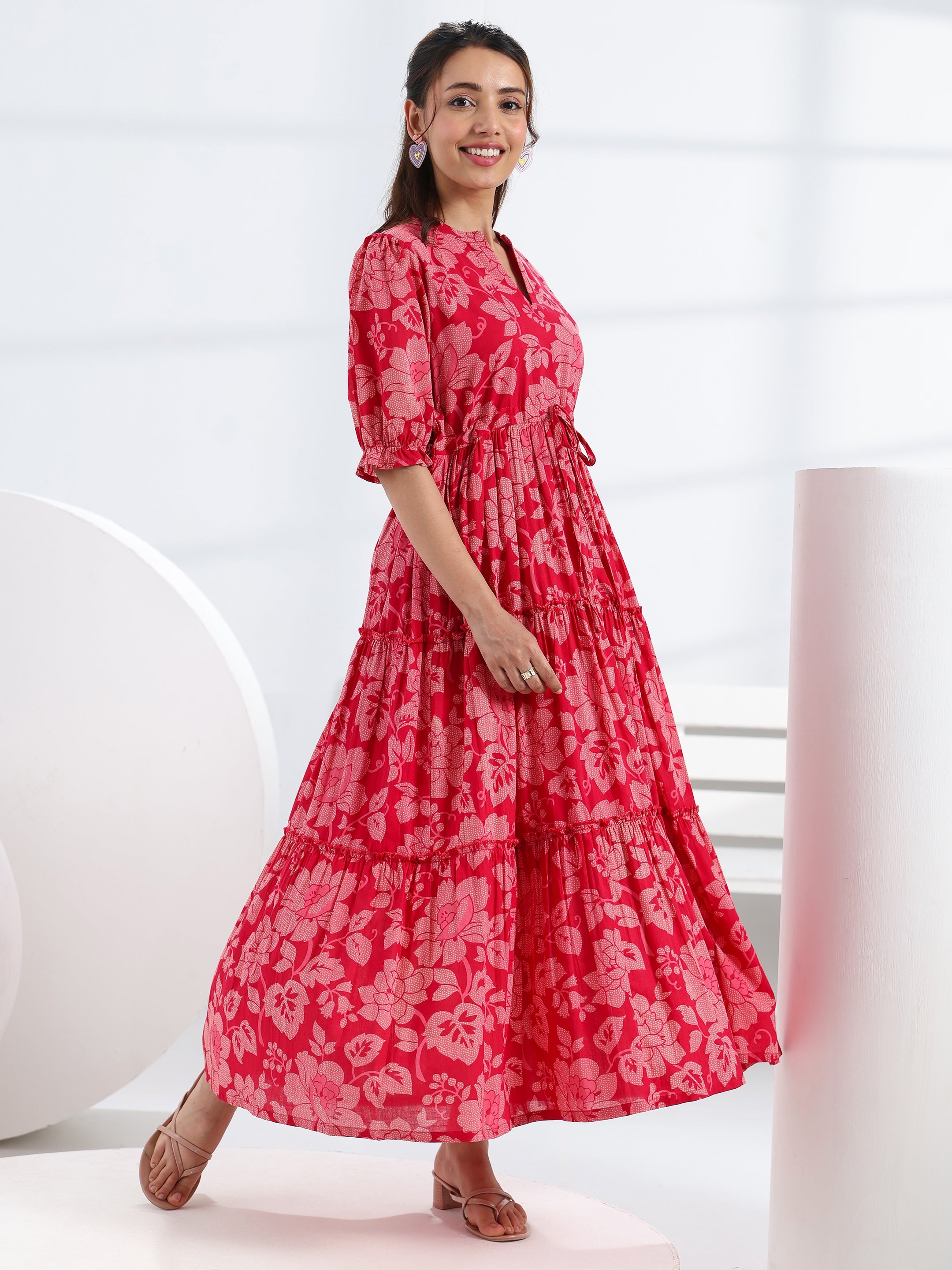 Libas Pink Floral Printed Cotton Fit-And-Flare Tiered One Piece Dress-picture-15