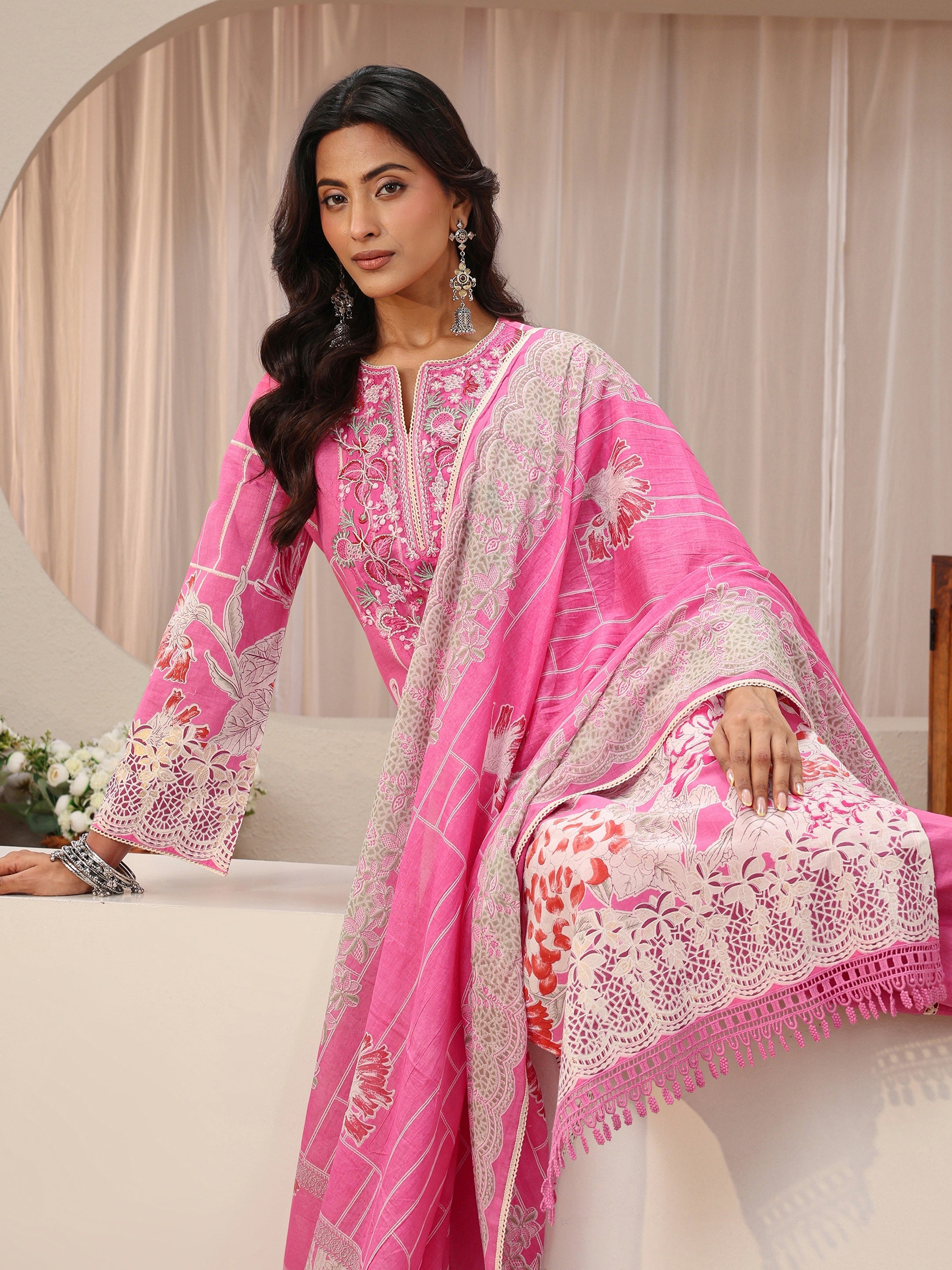 libas Pink Floral Printed Cotton Straight Suit Set-picture-28