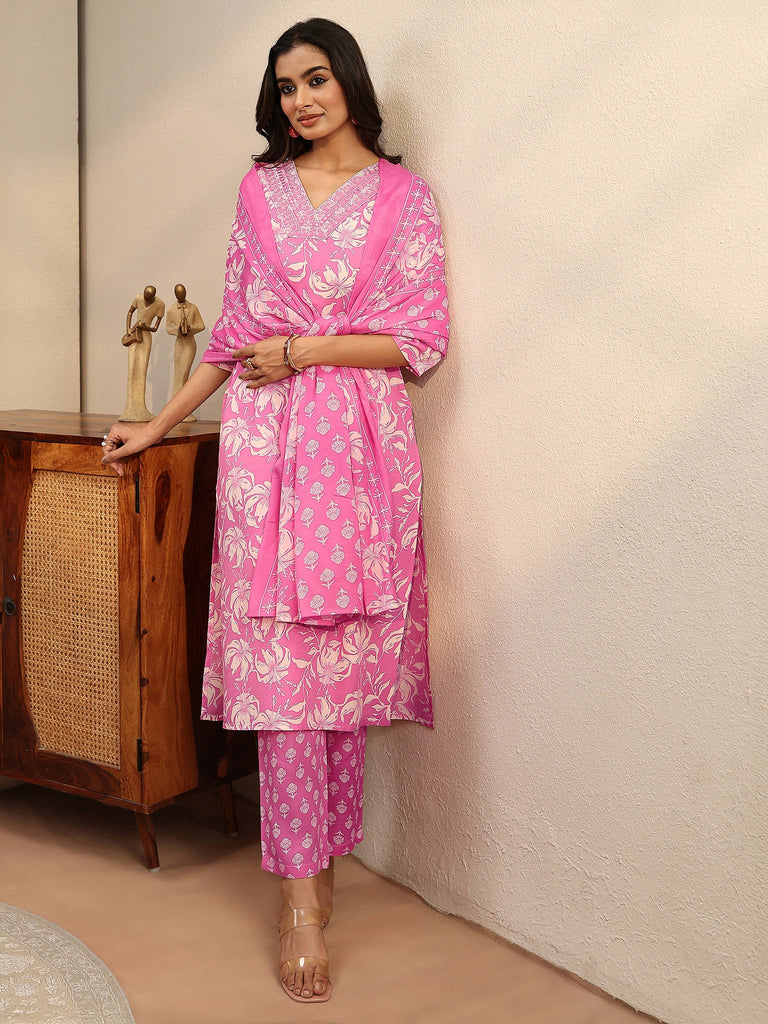 Gerua Pink Floral Printed Cotton Blend Straight Suit Set
