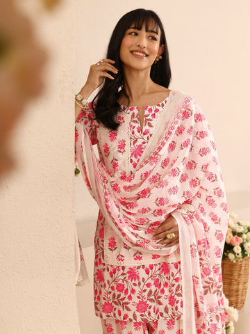 Libas Pink Floral Printed Cotton Farshi Salwar Suit Set