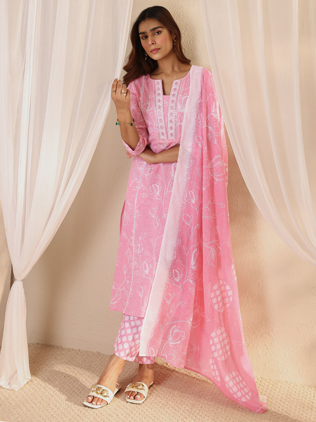Pink Floral Printed Cotton Straight Suit Set With Dupatta