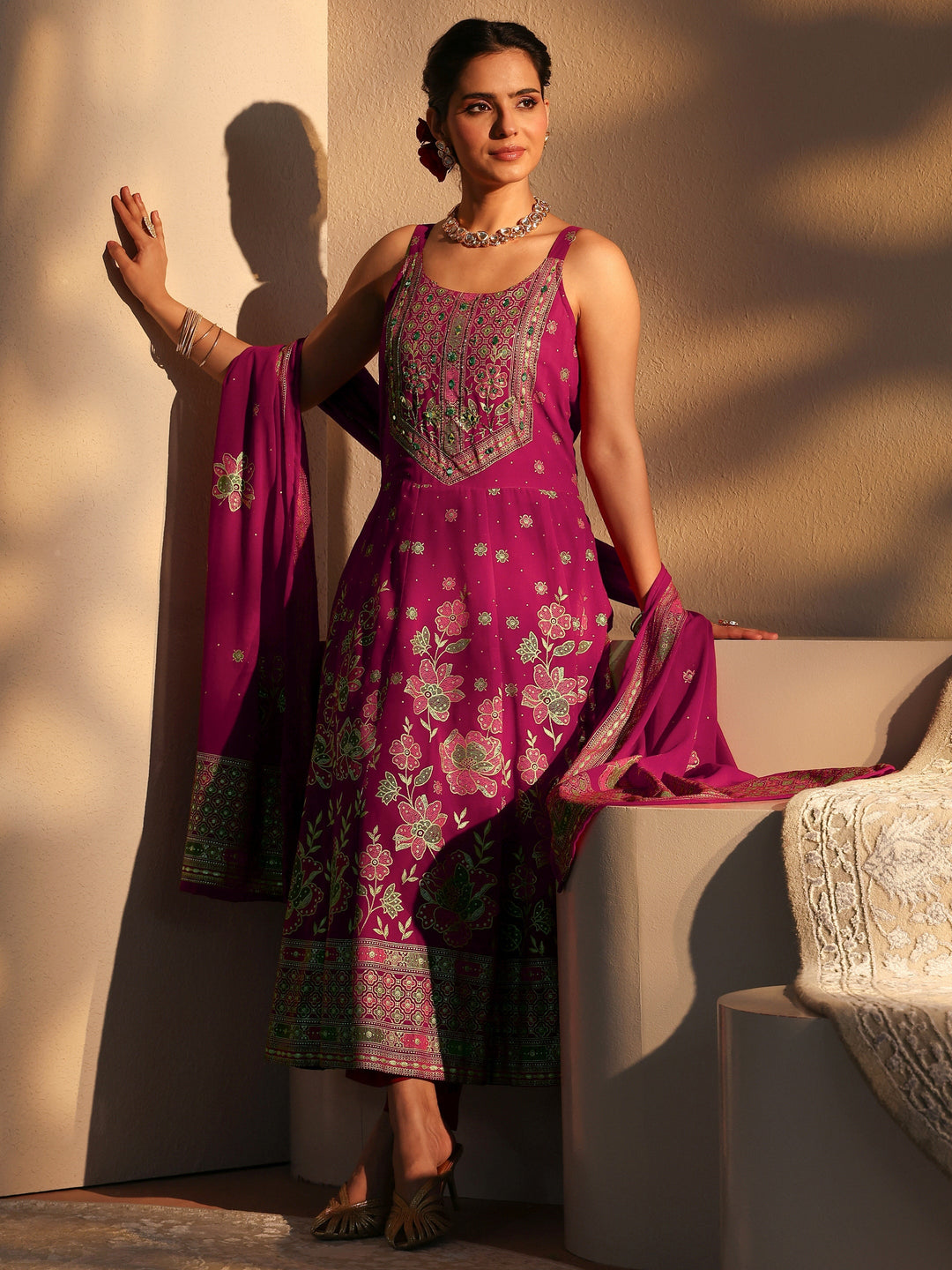 Pink Floral Printed Georgette A-Line Suit Set With Dupatta