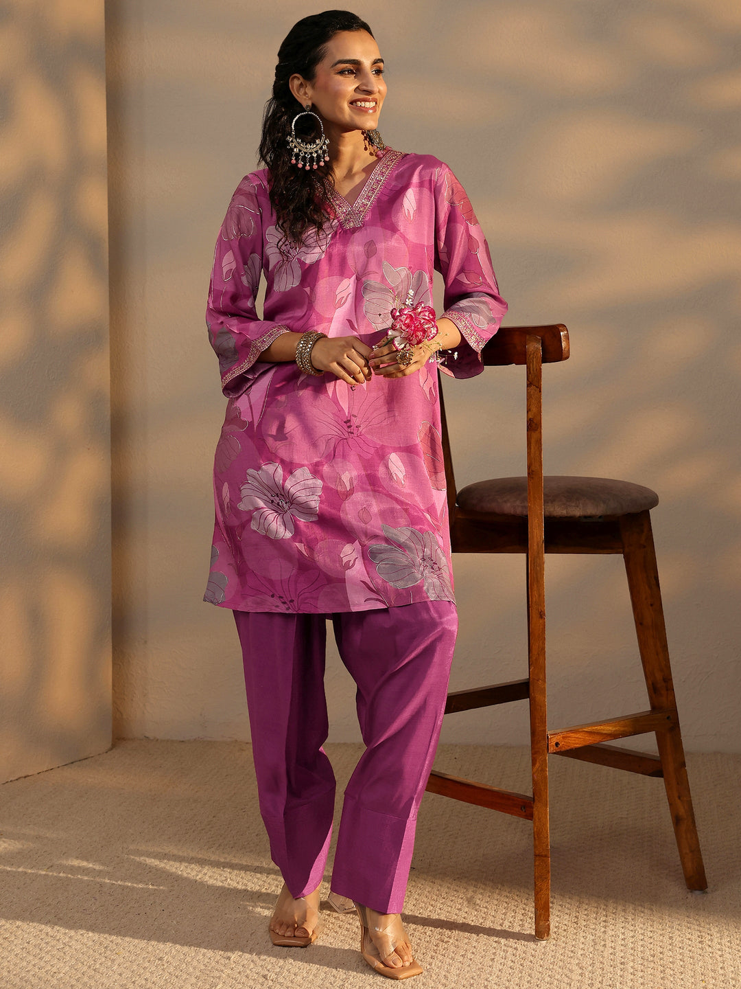  Pink Floral Printed Muslin Co-Ord Set 