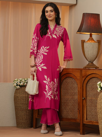 Libas Pink Floral Printed Rayon Straight Kurta Set