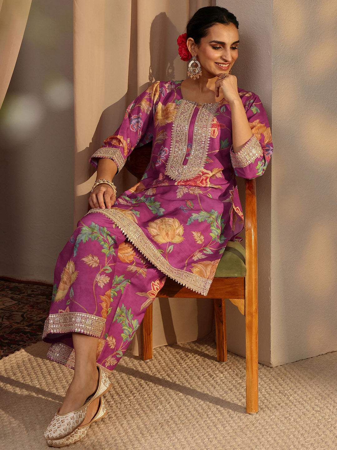  Pink Floral Printed Silk Blend Co-Ord Set 