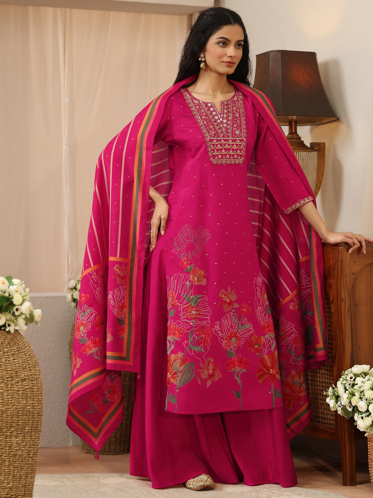 Libas Pink Floral Printed Silk Blend Palazzo Suit Set