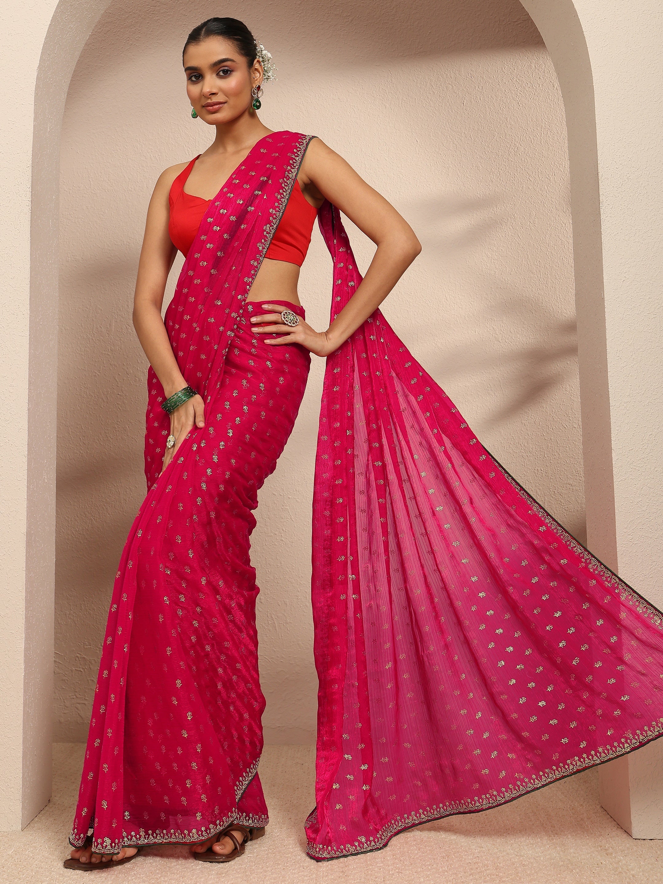 libas Pink Floral Printed Silk Blend Saree With Unstitched Blouse Piece-picture-25