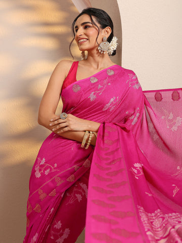 Pink Floral Printed Silk Blend Saree With Unstitched Blouse Piece