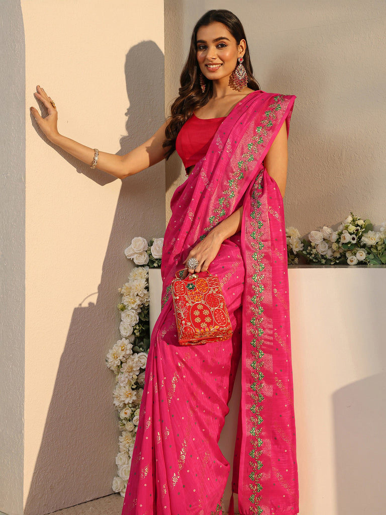 Libas Pink Floral Printed Silk Blend Saree With Unstitched Blouse Piece
