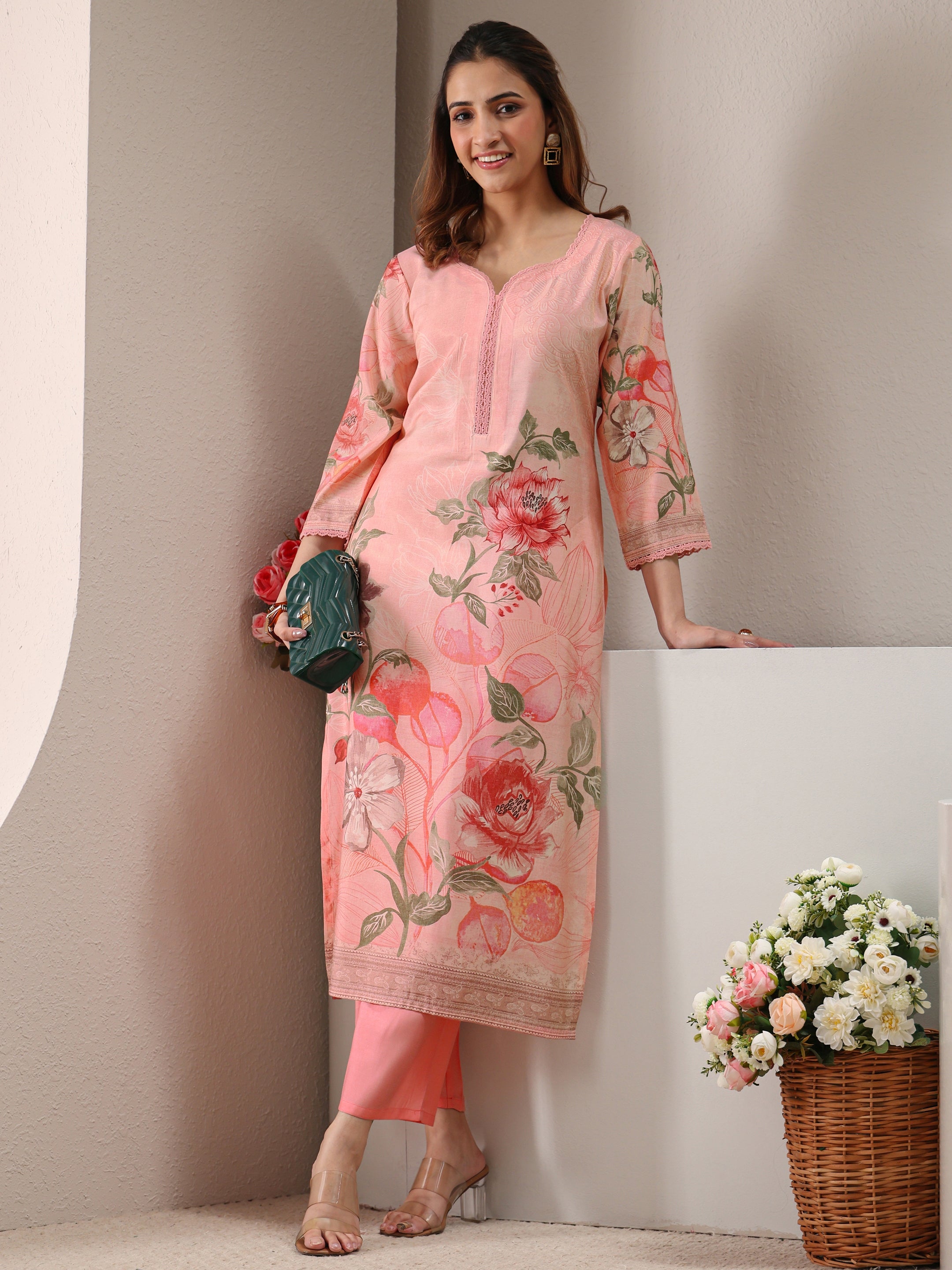 libas Pink Floral Printed Silk Blend Straight Kurta-picture-38