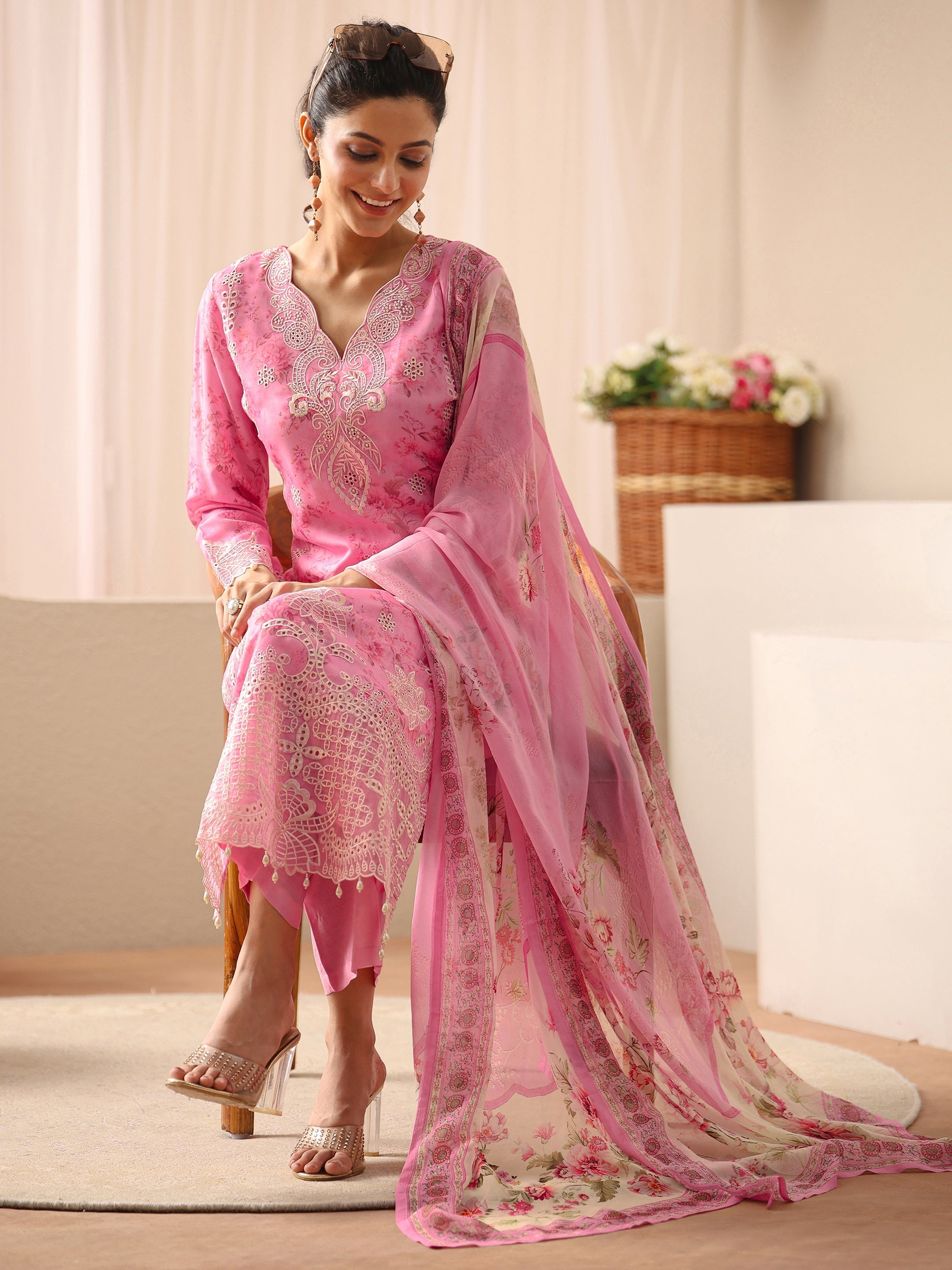libas Pink Floral Printed Silk Blend Straight Suit Set-picture-52