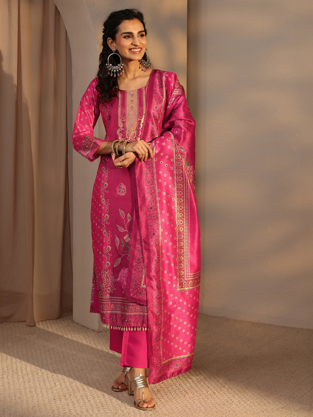  Pink Floral Printed Silk Blend Straight Suit Set With Dupatta 