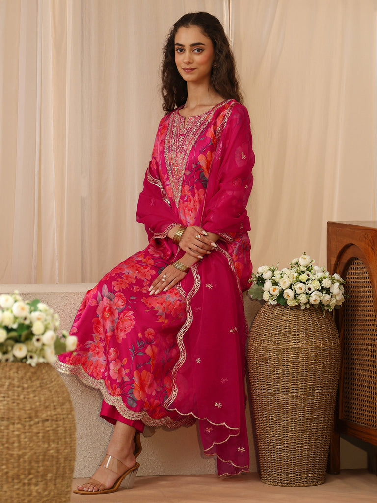 Libas Pink Floral Printed Silk Blend Suit Set