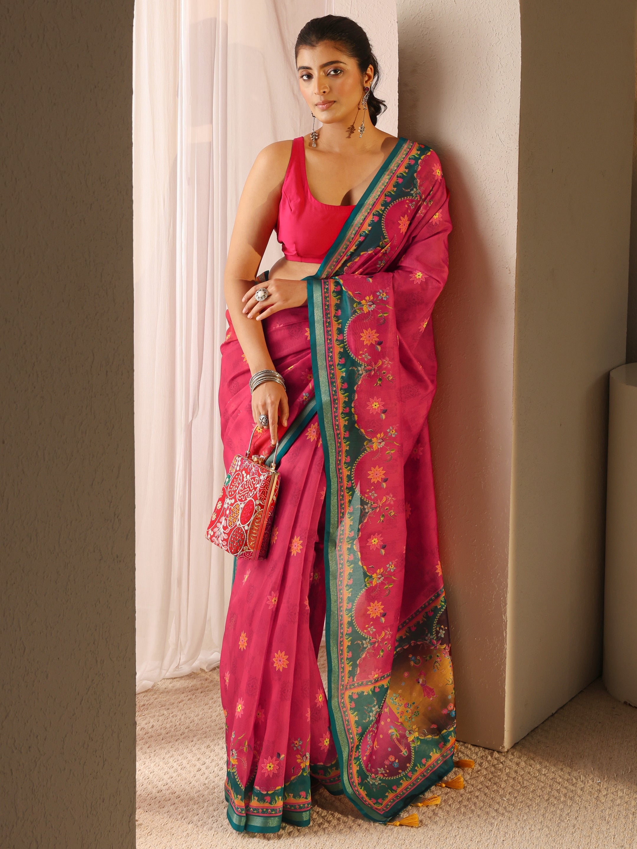 libas Pink Floral Printed Silk Blend Tassel Saree With Unstitched Blouse Piece-picture-22