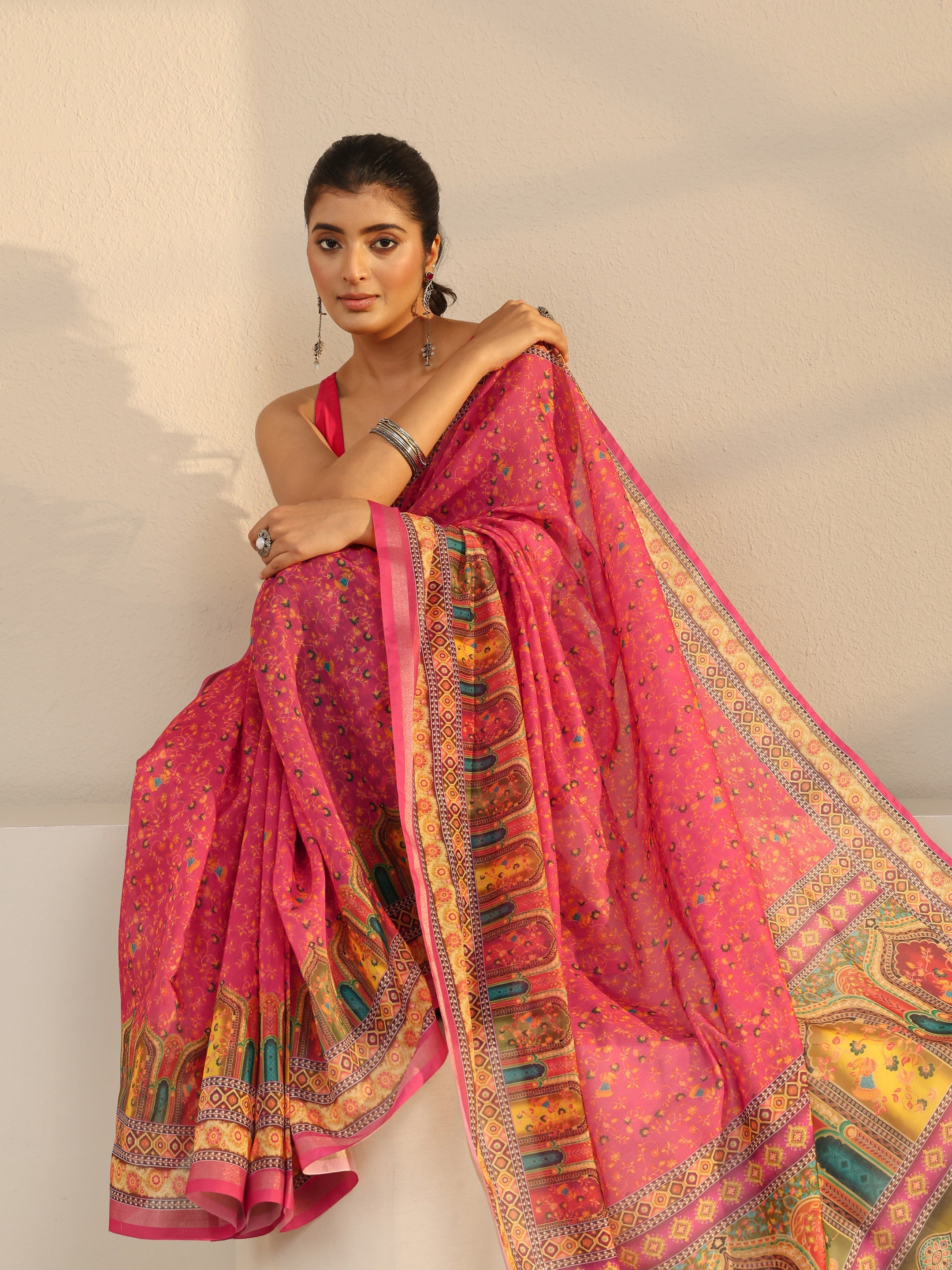 libas Pink Floral Printed Silk Blend Tassel Saree With Unstitched Blouse Piece-picture-43