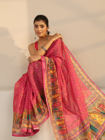 Pink Floral Printed Silk Blend Tassel Saree