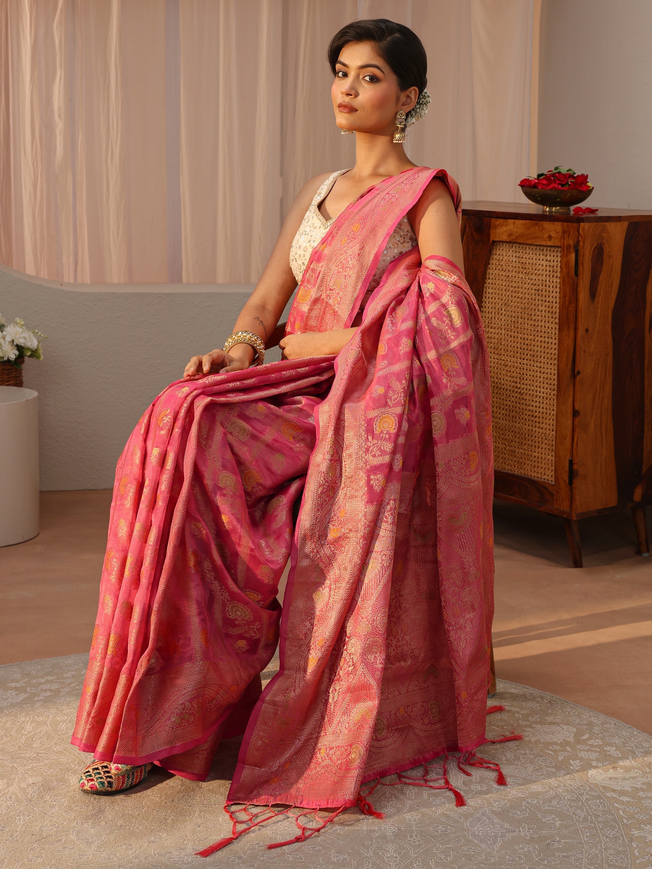libas Pink Floral Woven Design Silk Blend Saree-picture-59