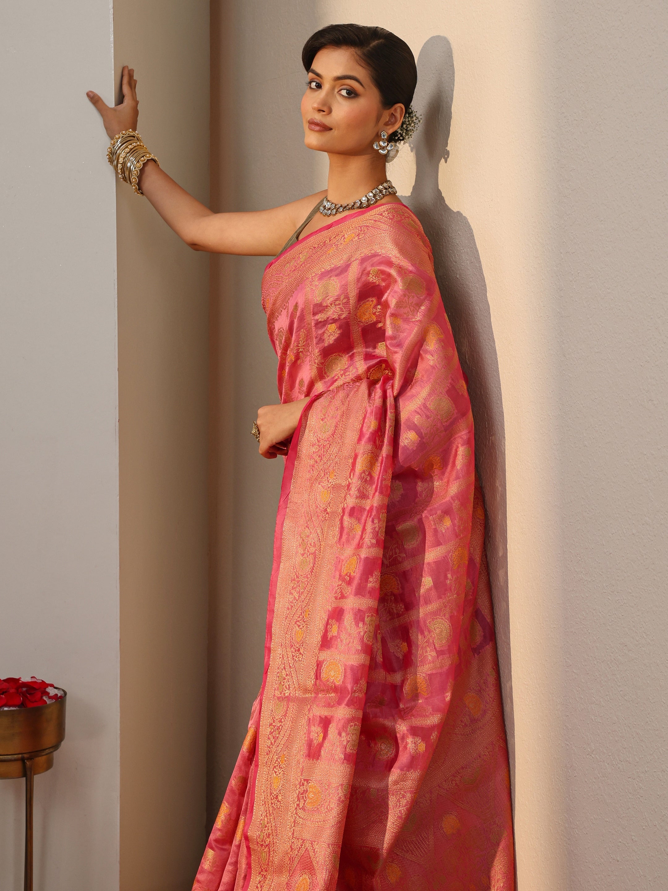 libas Pink Floral Woven Design Silk Blend Saree-picture-11