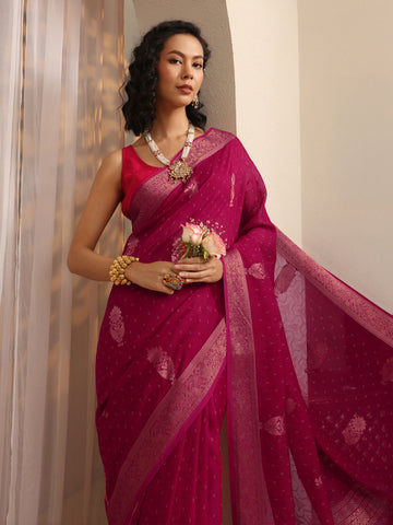 Pink Floral Woven Design Silk Blend Saree With Unstitched Blouse Piece
